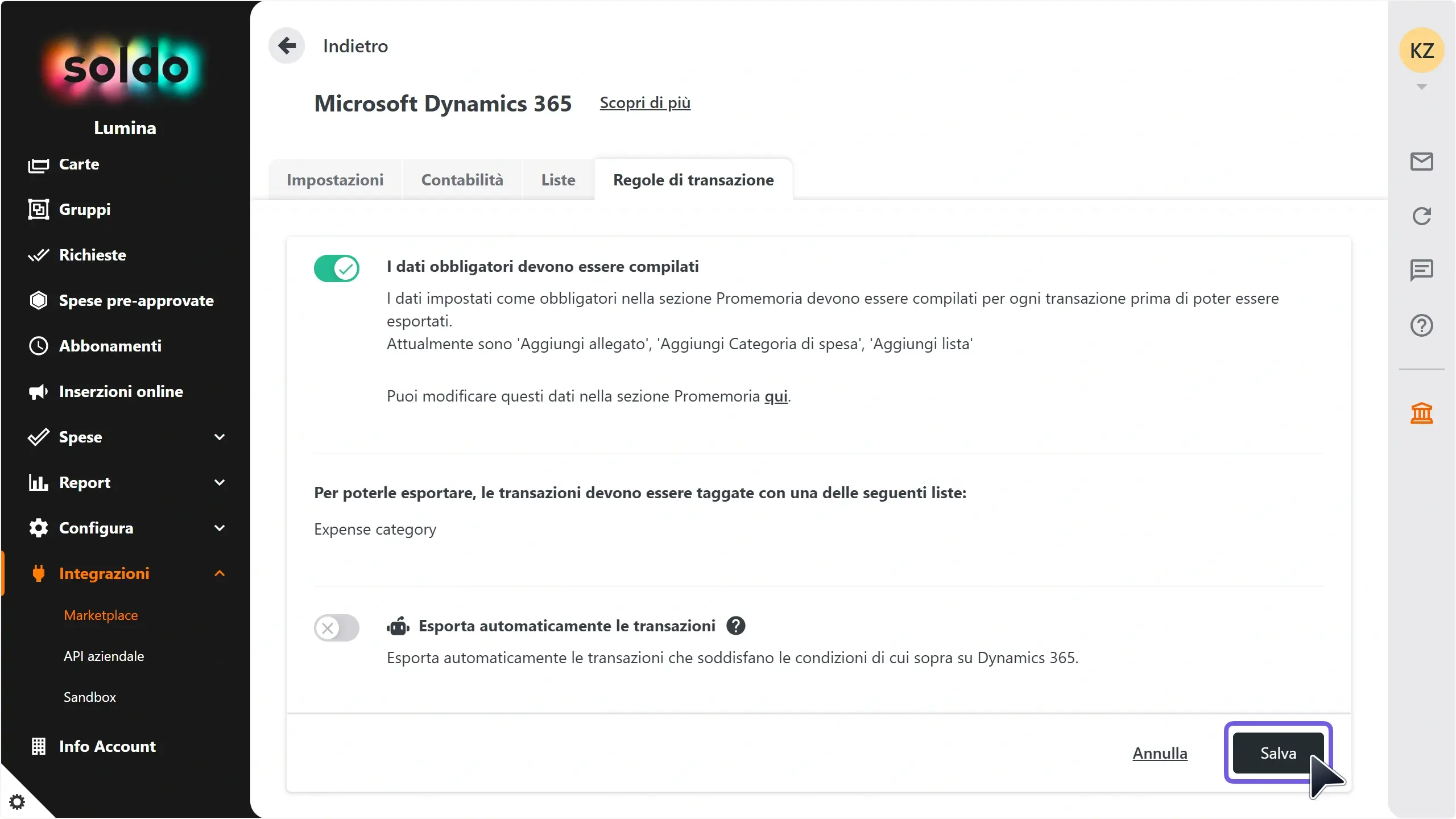 WC_Integrations_AutoExportPostSetupToggleDisabledSave_202502_ITA.webp