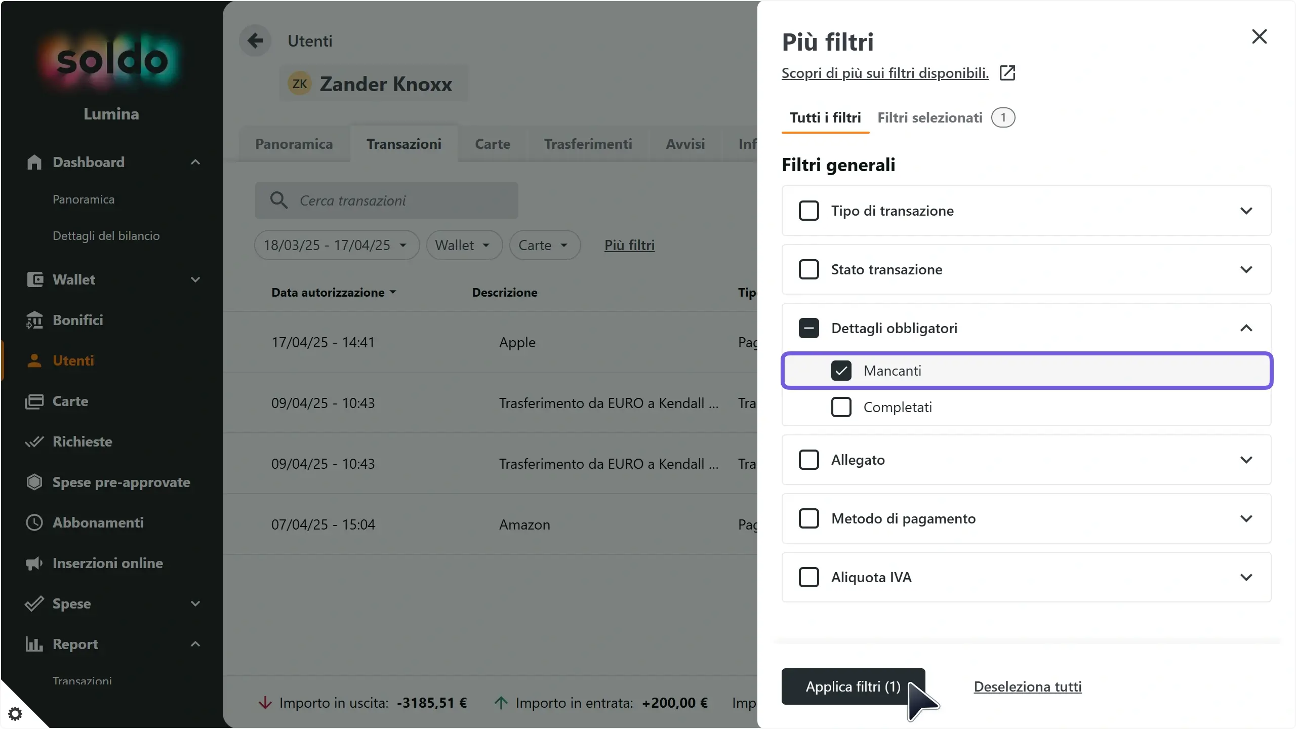 WC_Transactions_MissingDetailsMoreFiltersMandatoryCheckedAnnotated_202504_ITA.webp