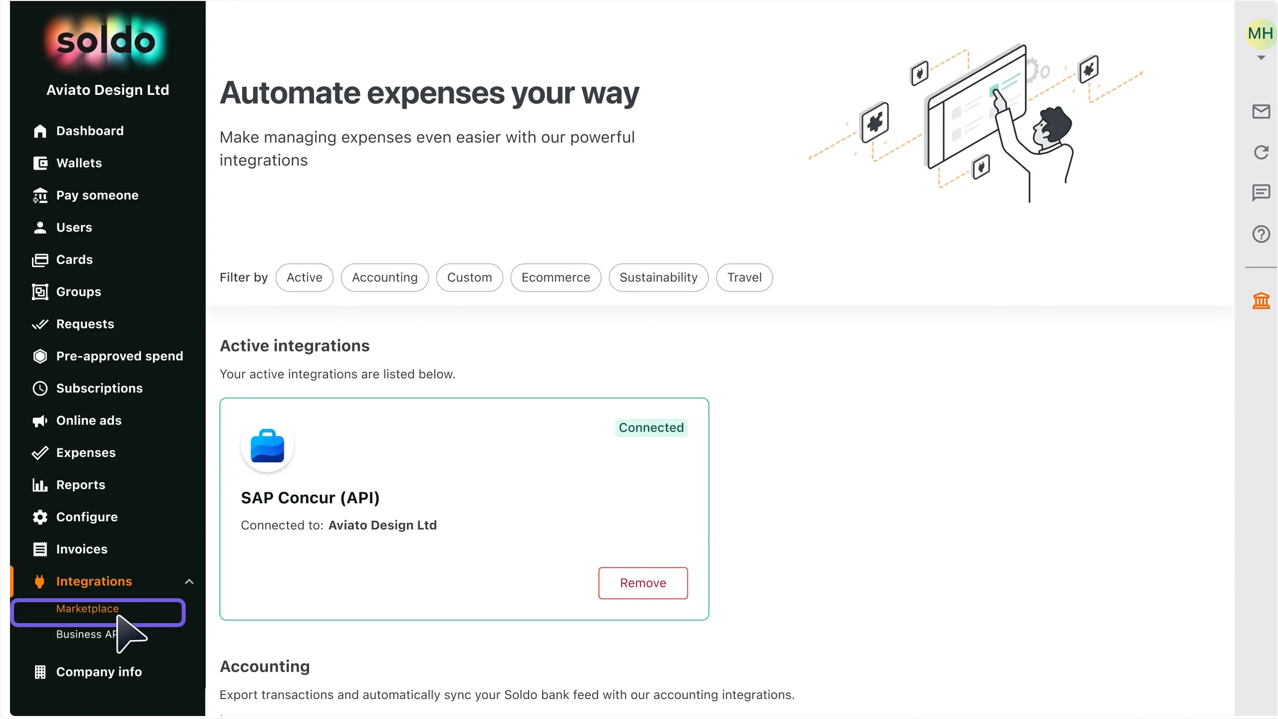 WC_Integrations_SAPConcurAppCenter_DisconnectSoldoMenuAnnotated_202505_EN.webp