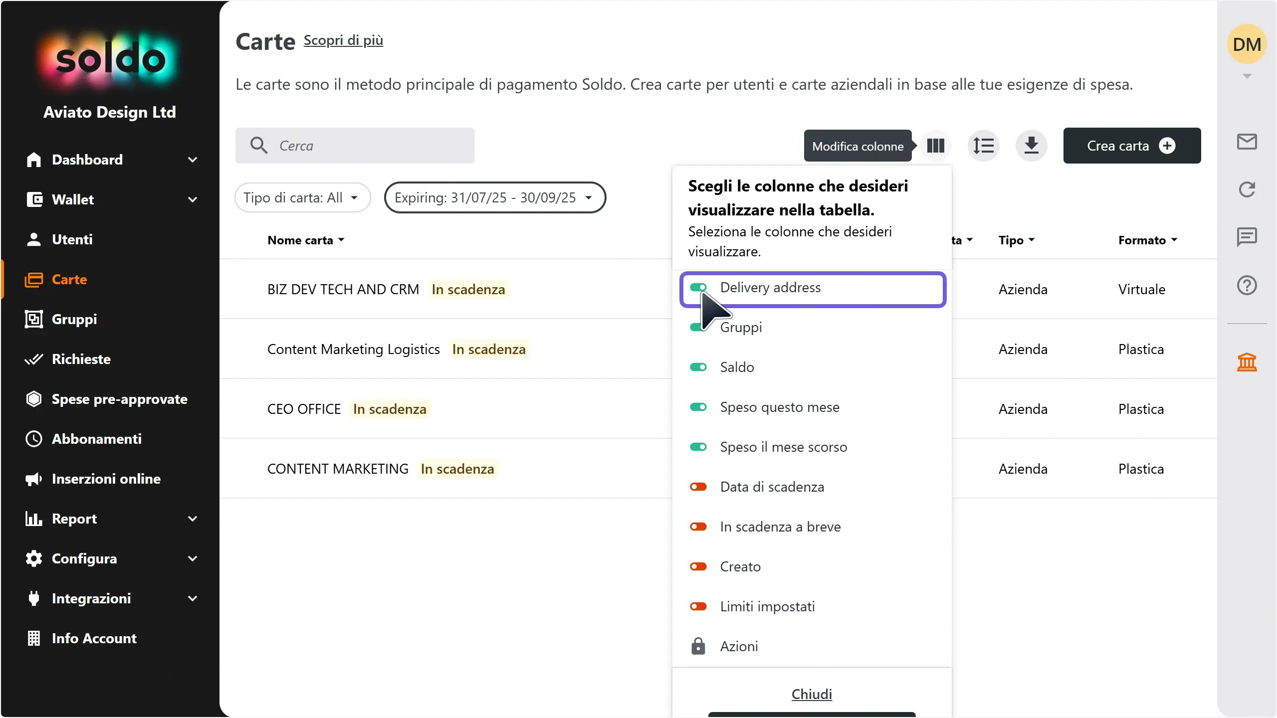 WC_Cards_AddressManagement_Expiring_ColumnOptionsToggle_Annotated_202507_ITA.webp