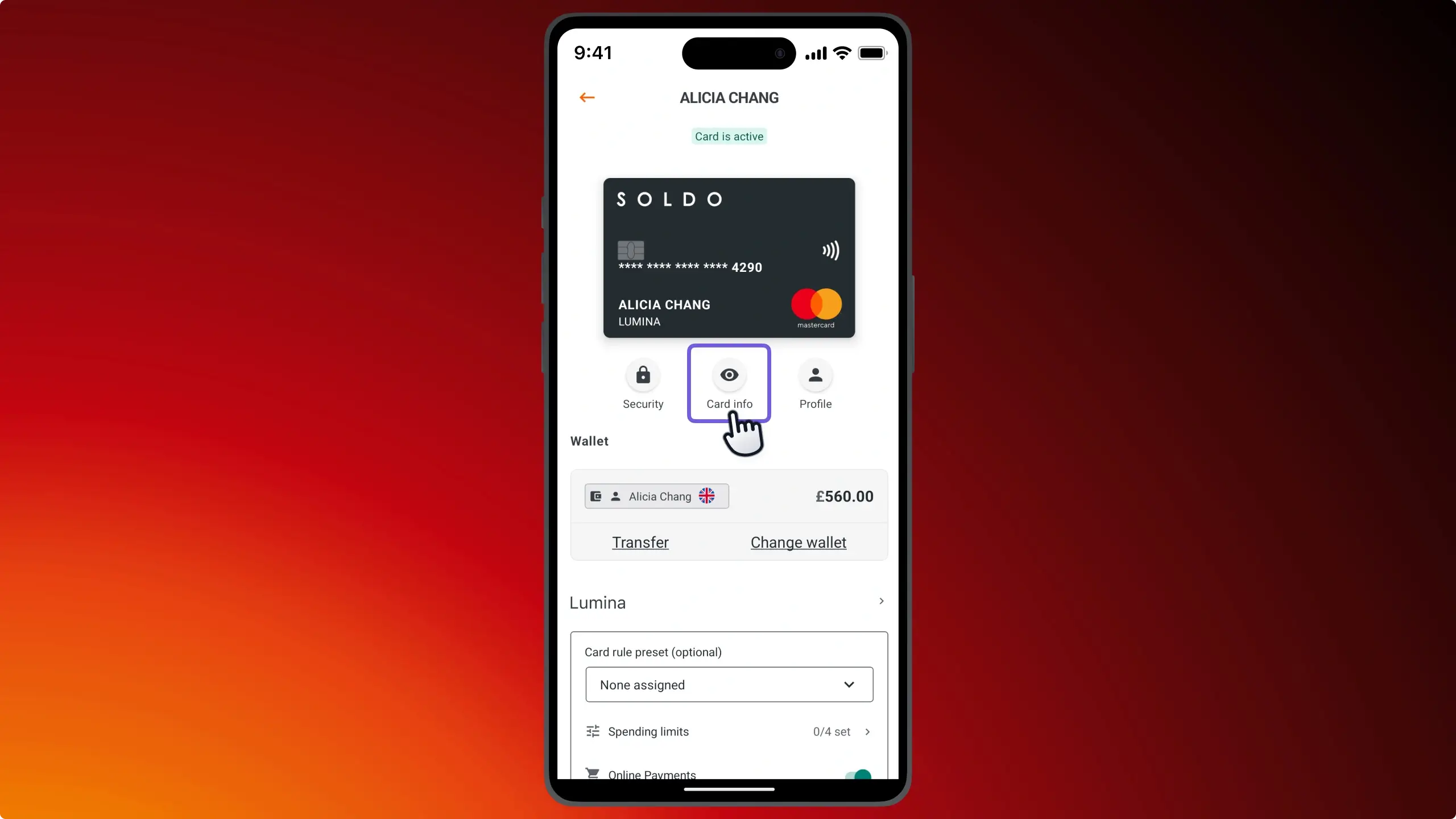 Écran d'informations carte dans l’application mobile montrant où trouver l’option Afficher le PIN