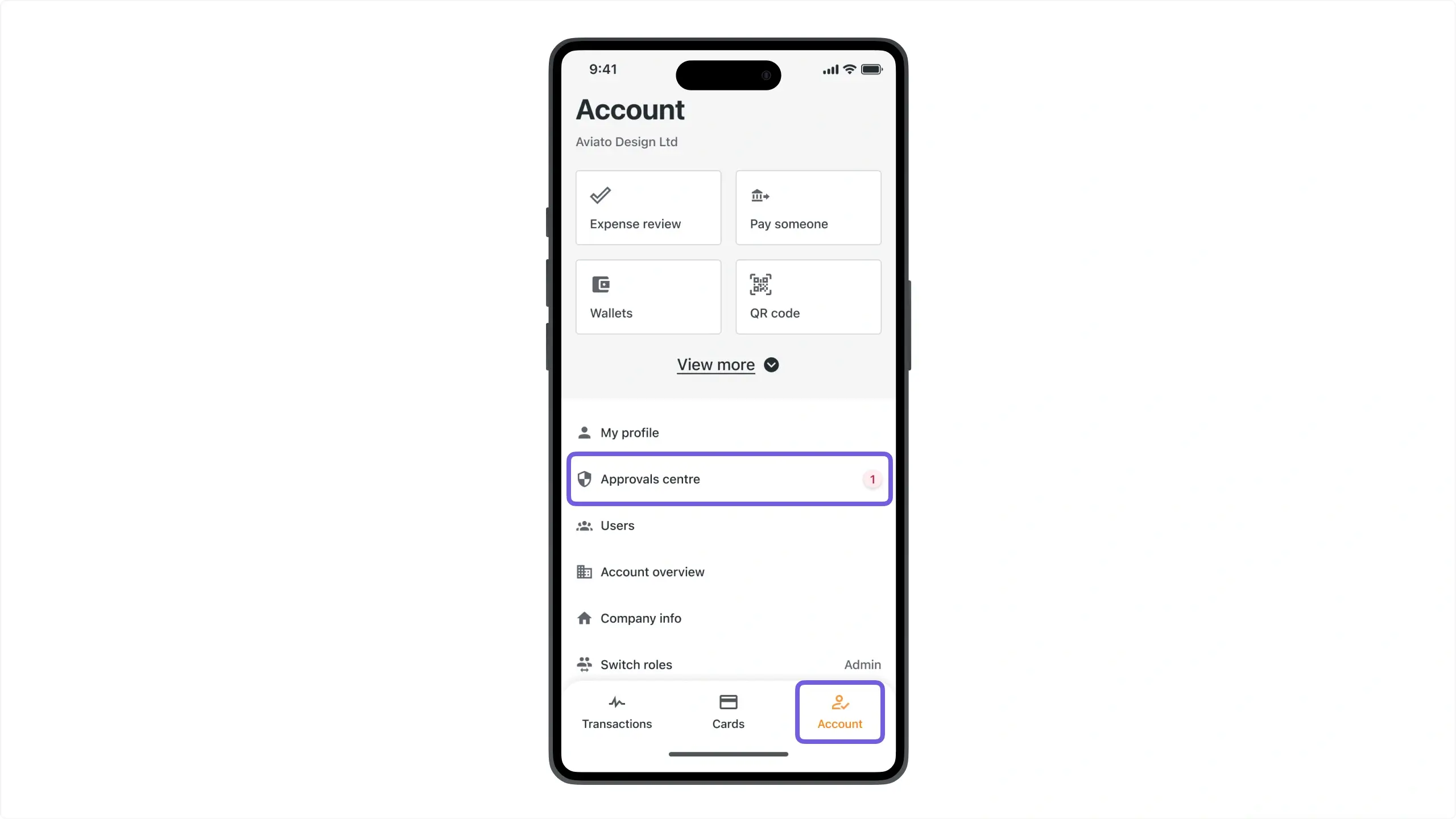 Approvals centre screen in the mobile app